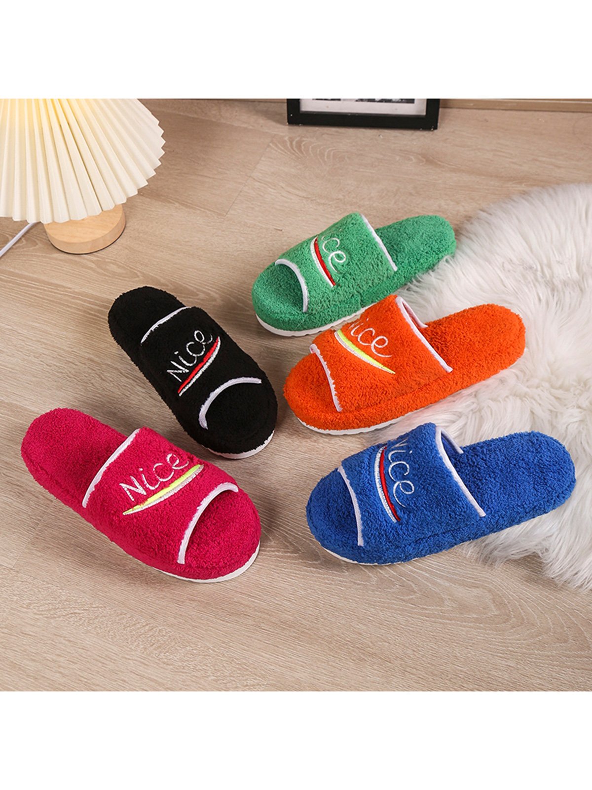 Alphabet NICE Embroidered Furry Slippers