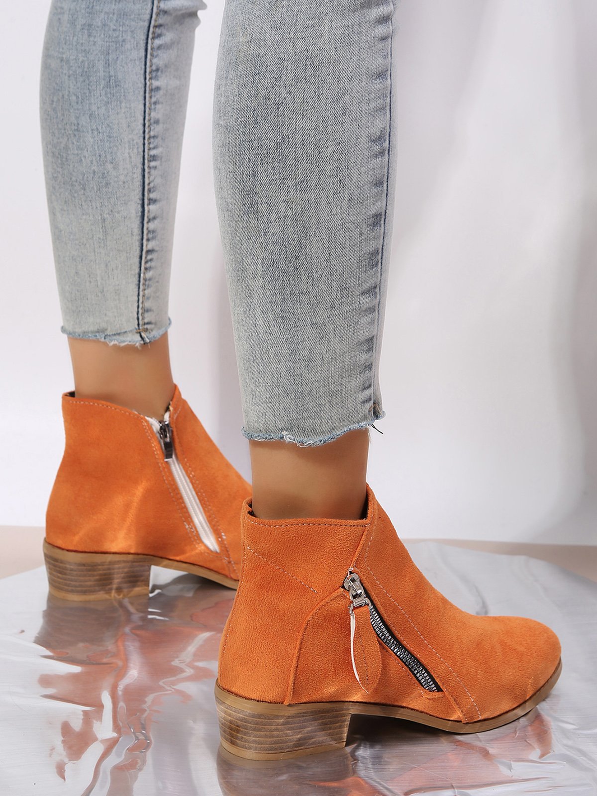 Velvet Plain Zip-Up Ankle Boots