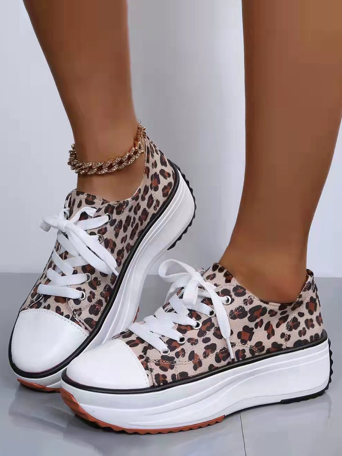 Leopard Print Breathable Platform Lace-Up Sneakers