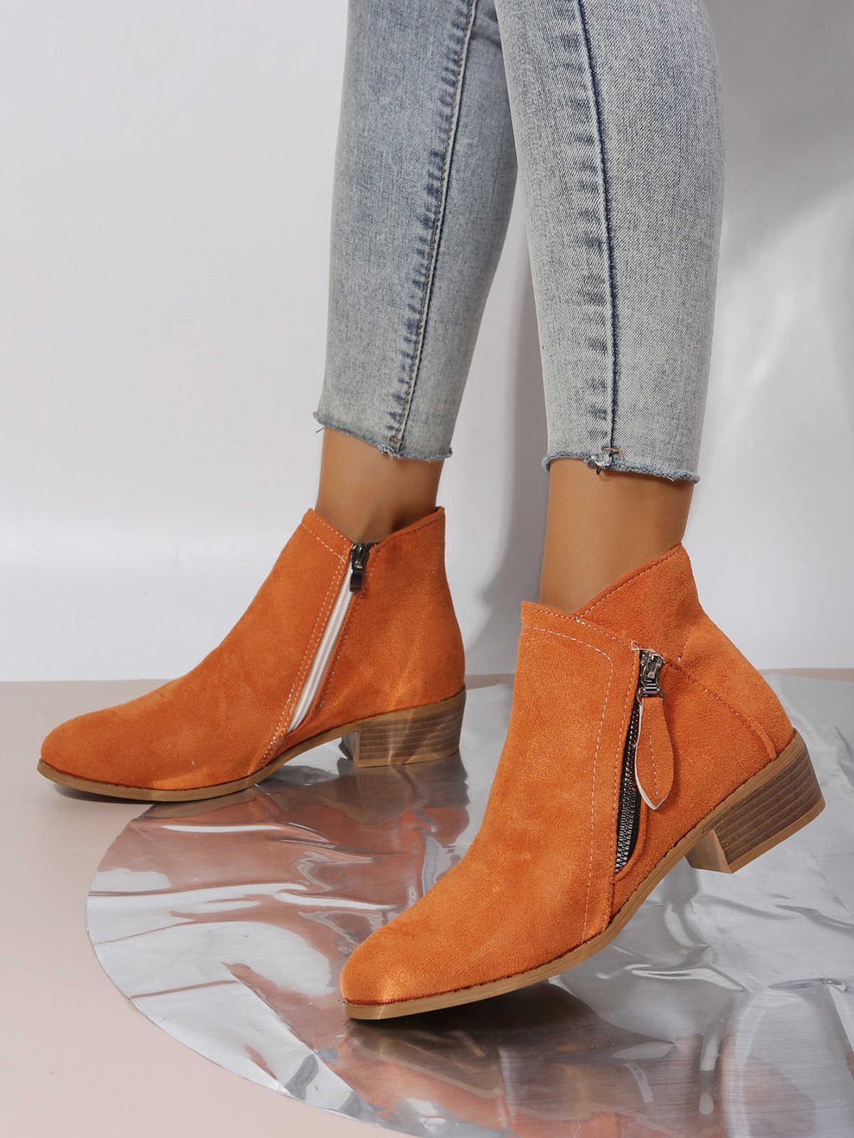 Velvet Plain Zip-Up Ankle Boots