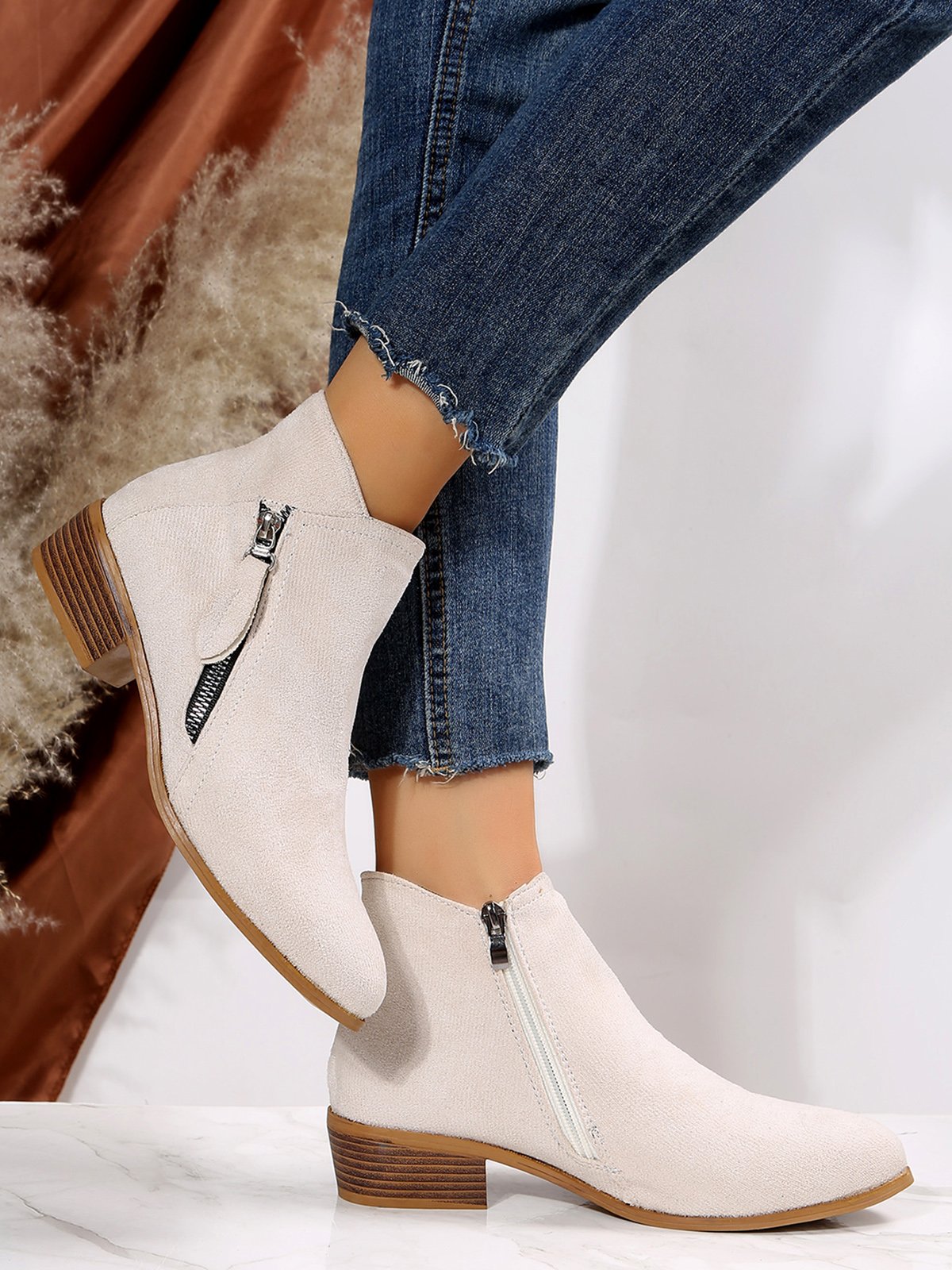 Velvet Plain Zip-Up Ankle Boots