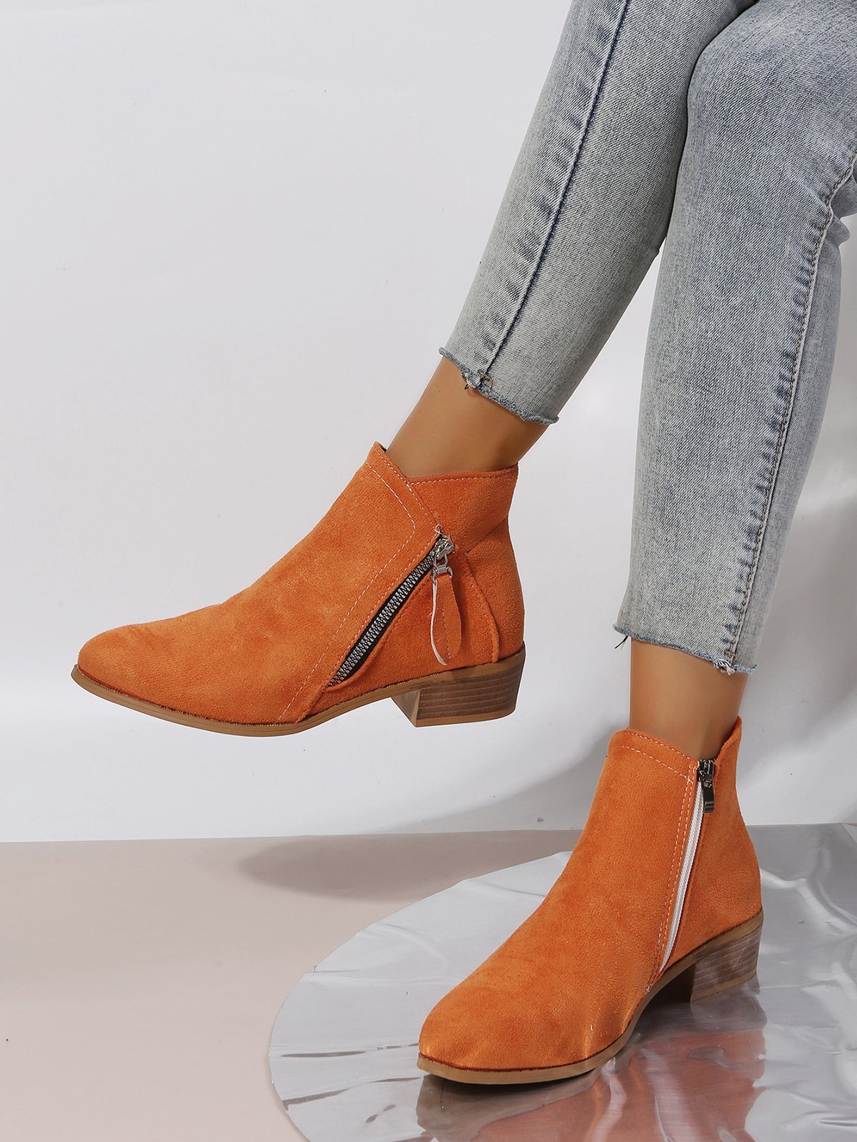 Velvet Plain Zip-Up Ankle Boots
