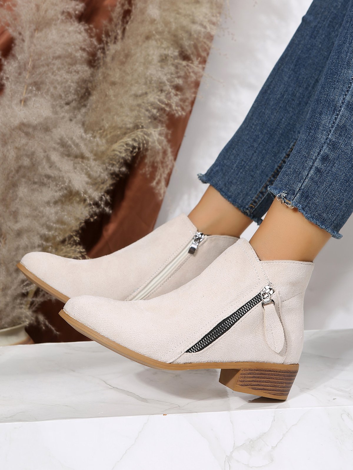 Velvet Plain Zip-Up Ankle Boots