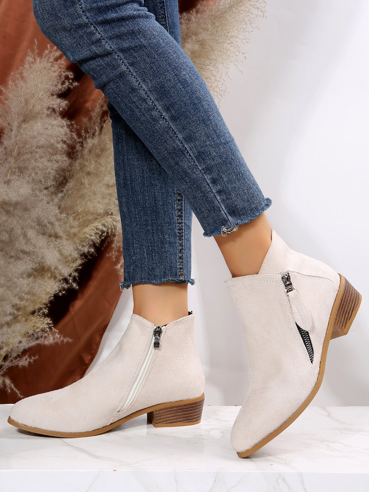 Velvet Plain Zip-Up Ankle Boots