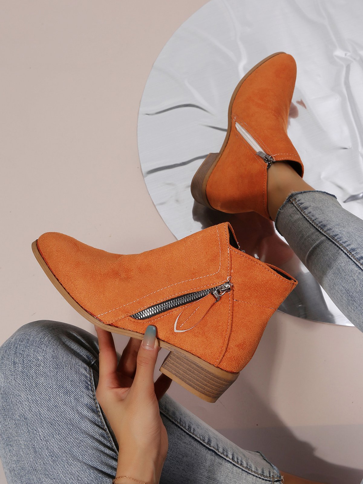 Velvet Plain Zip-Up Ankle Boots