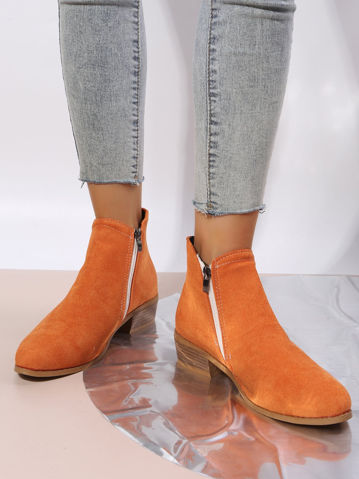Velvet Plain Zip-Up Ankle Boots