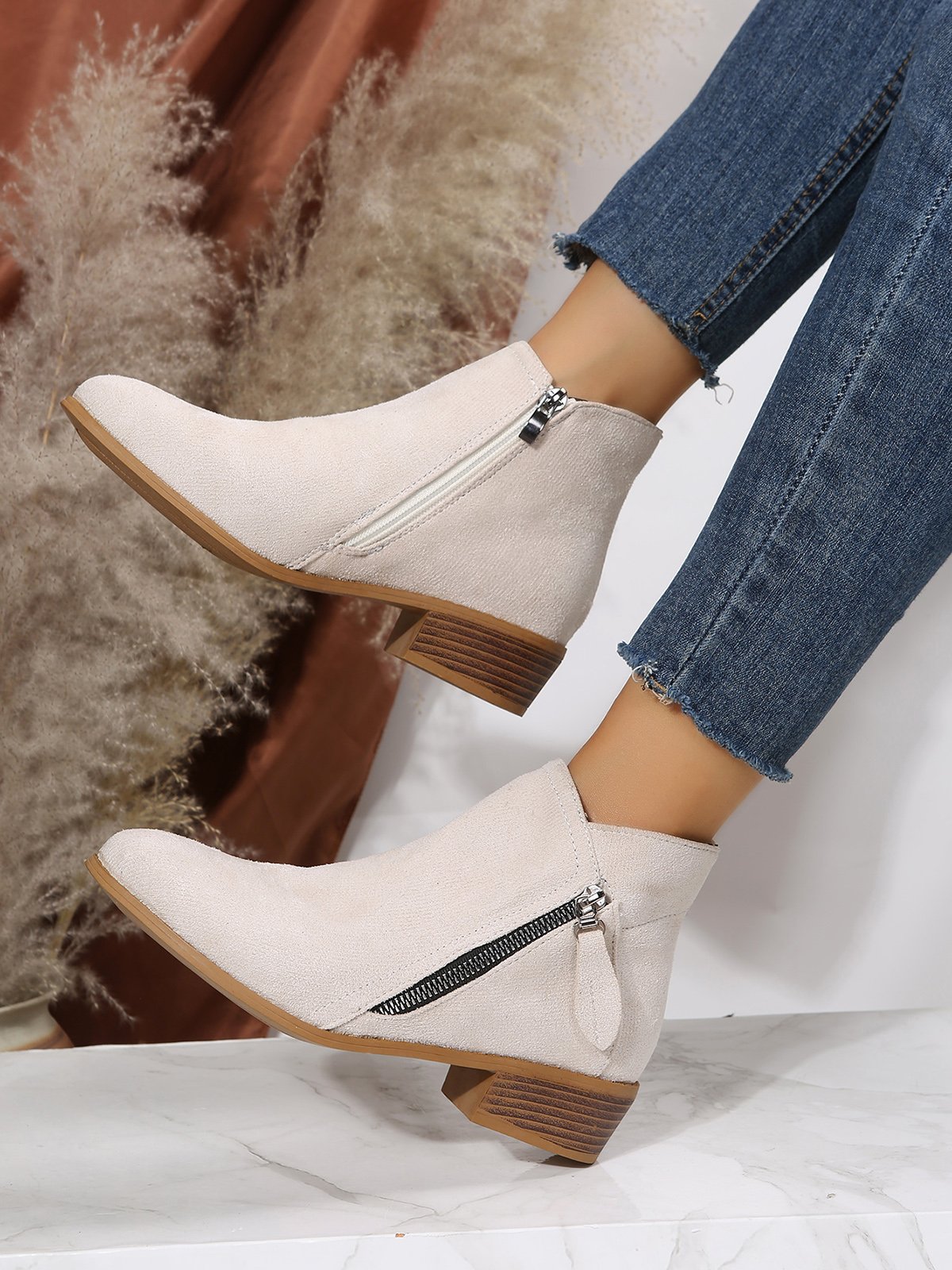 Velvet Plain Zip-Up Ankle Boots