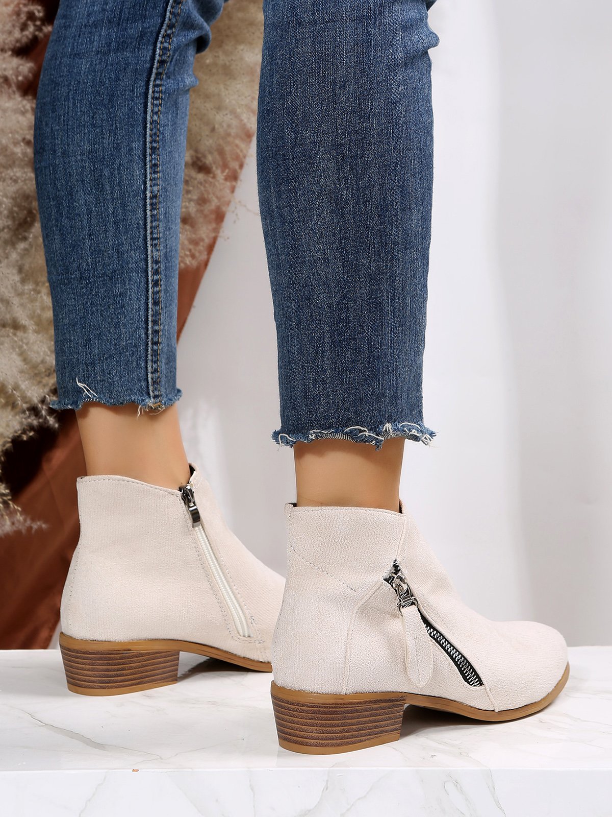 Velvet Plain Zip-Up Ankle Boots