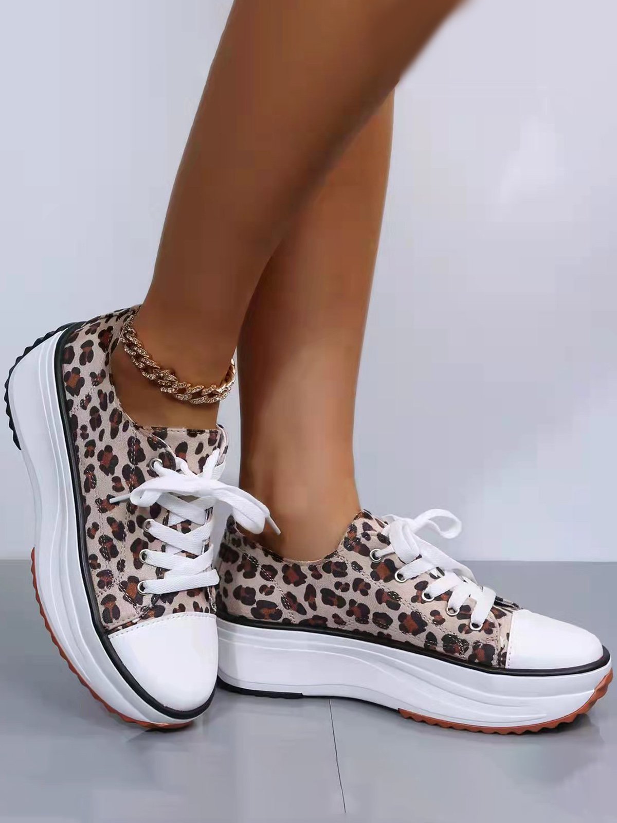 Leopard Print Breathable Platform Lace-Up Sneakers