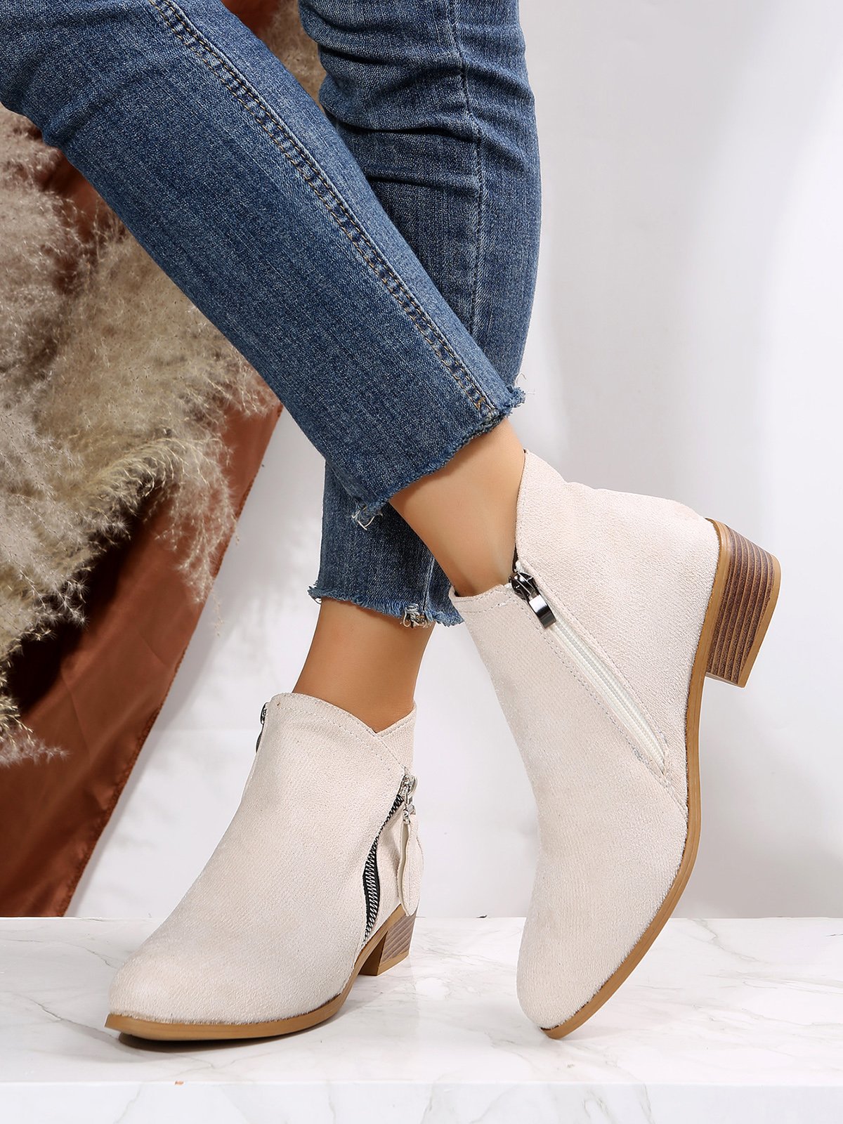 Velvet Plain Zip-Up Ankle Boots