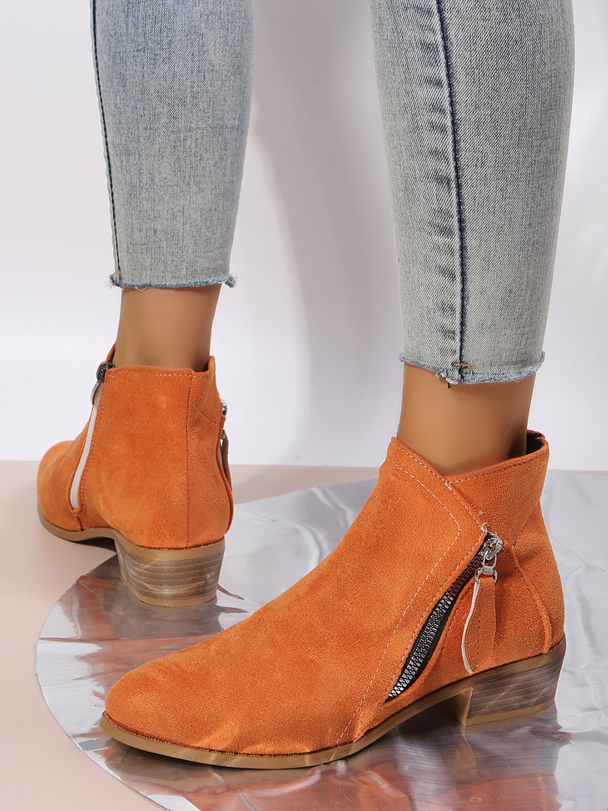 Velvet Plain Zip-Up Ankle Boots