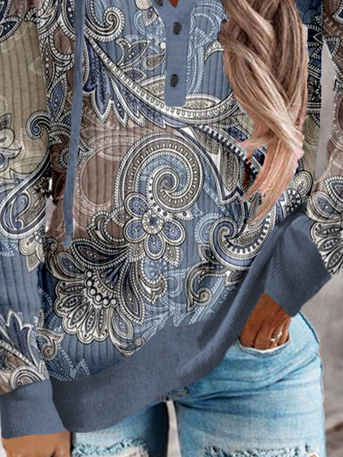 Paisley Long Sleeve Buttoned Hoodie Casual Sweatshirt