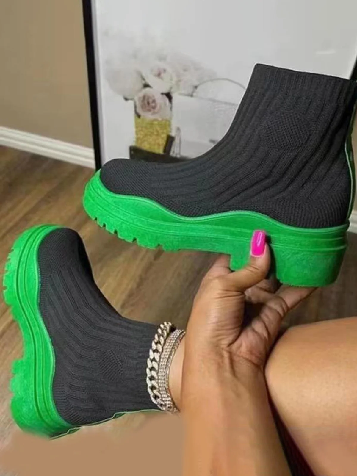 Comfortable Soft Round Toe Mid Heel Short Knit Stretch Sock Boots