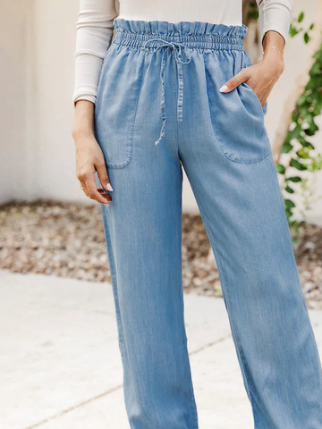 Casual Denim Plain Loose Casual Patch Pockets Trousers