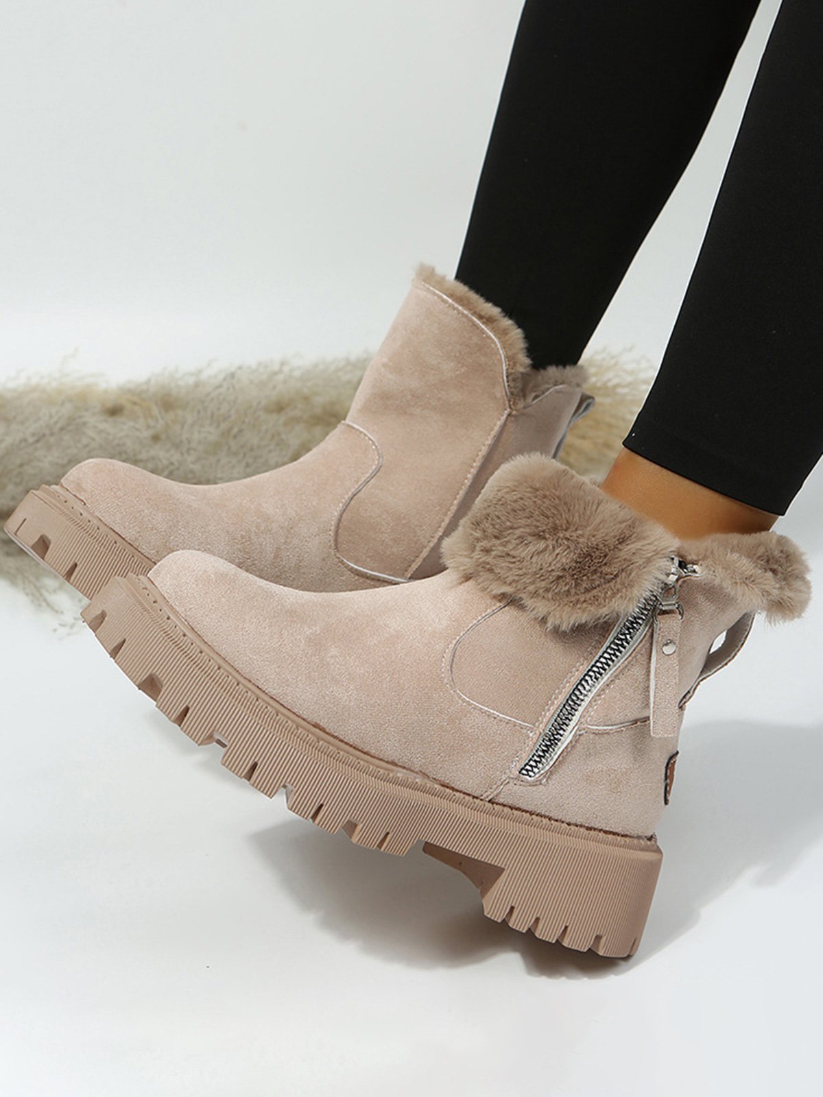Women's Fleece Warm Chunky Heel Round Toe Ski Boots