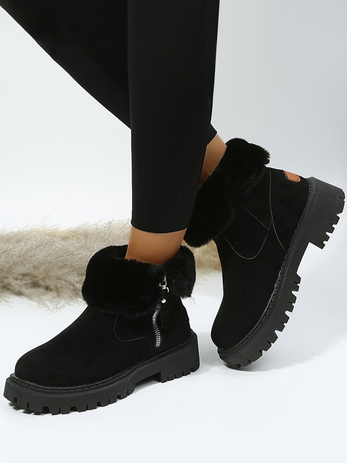 Women's Fleece Warm Chunky Heel Round Toe Ski Boots