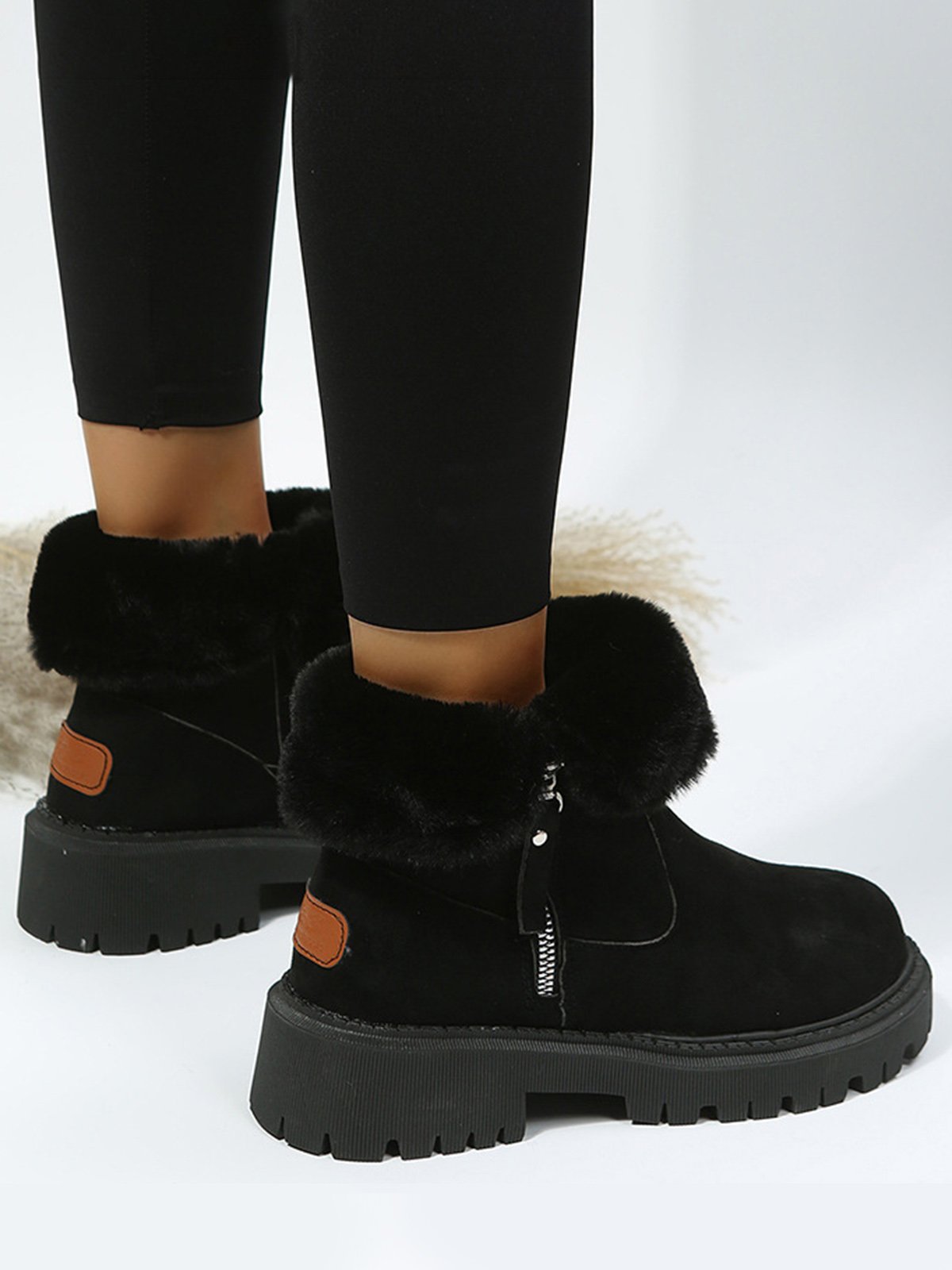 Women's Fleece Warm Chunky Heel Round Toe Ski Boots
