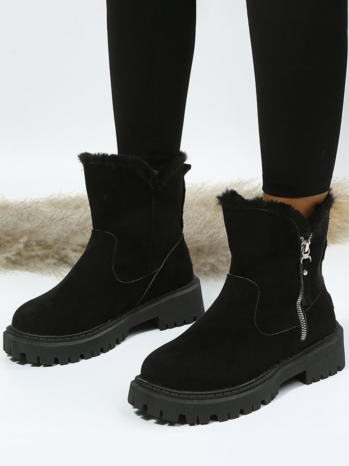 Women's Fleece Warm Chunky Heel Round Toe Ski Boots