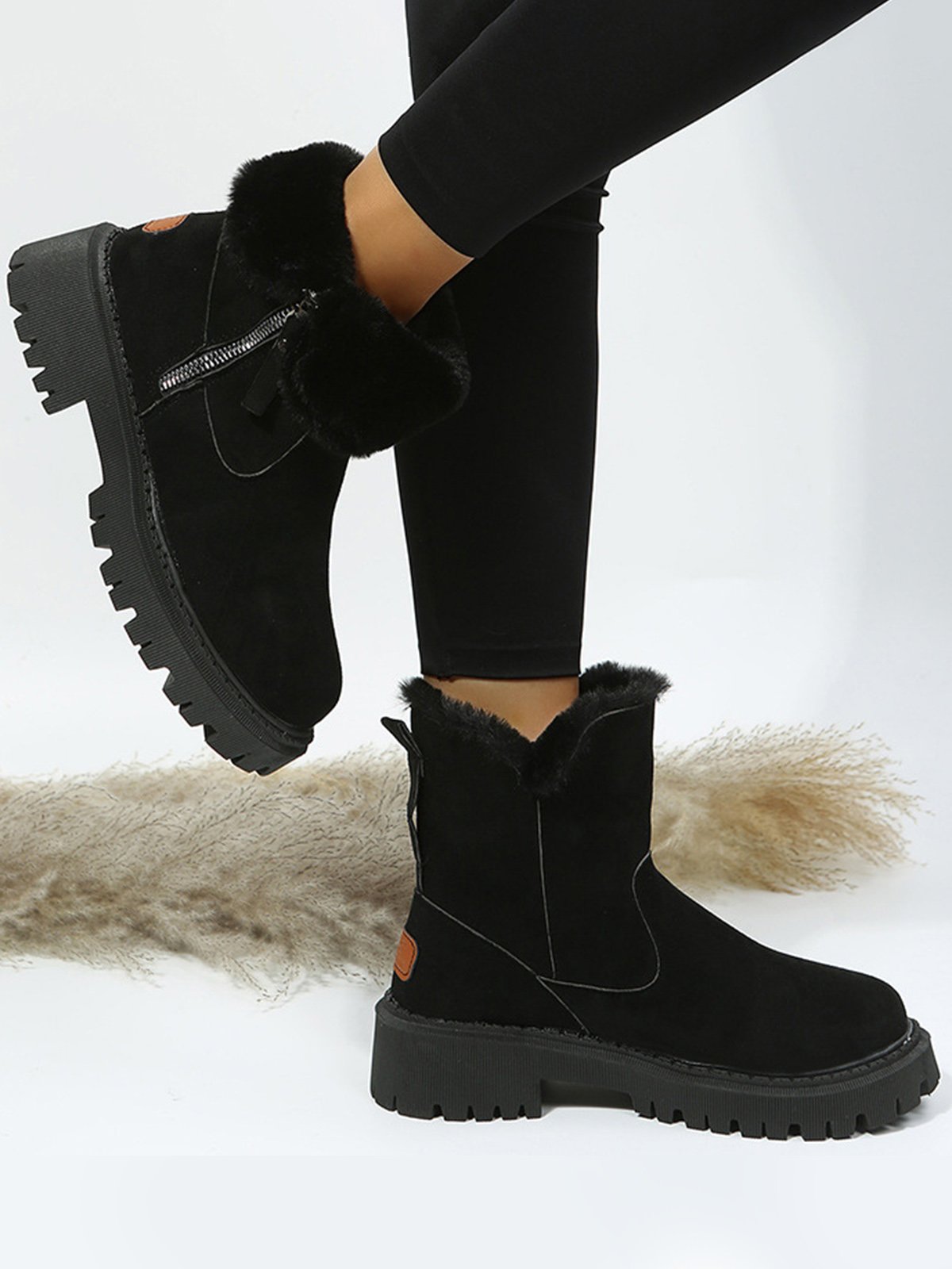 Women's Fleece Warm Chunky Heel Round Toe Ski Boots