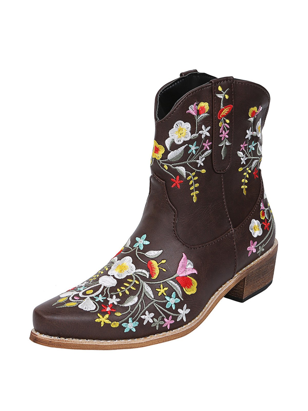 Women's Vintage Ethnic Floral Embroidered Pointed Toe Chunky Heel Low Boots