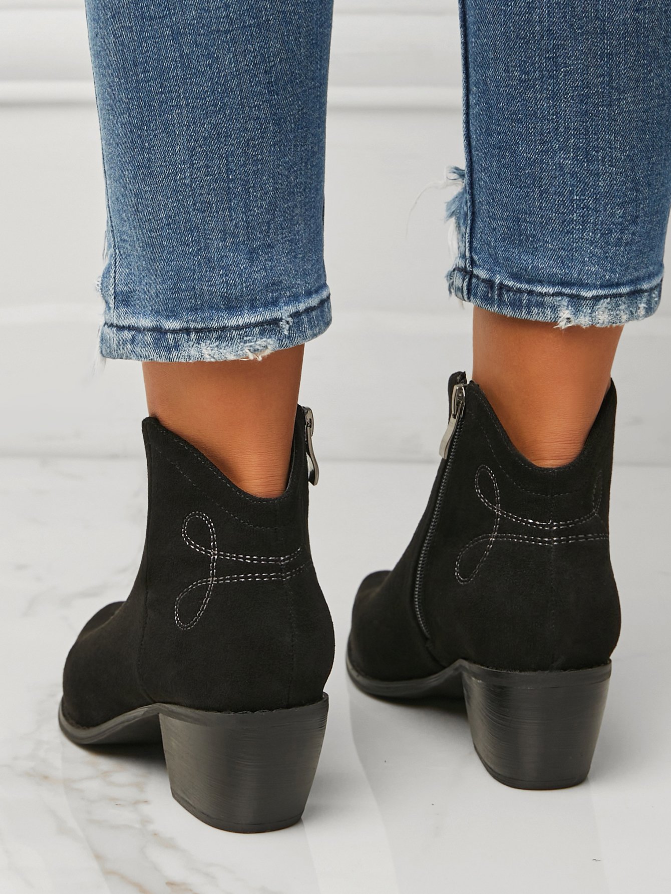 Soft Faux Suede Pointed Toe Chunky Heel Booties