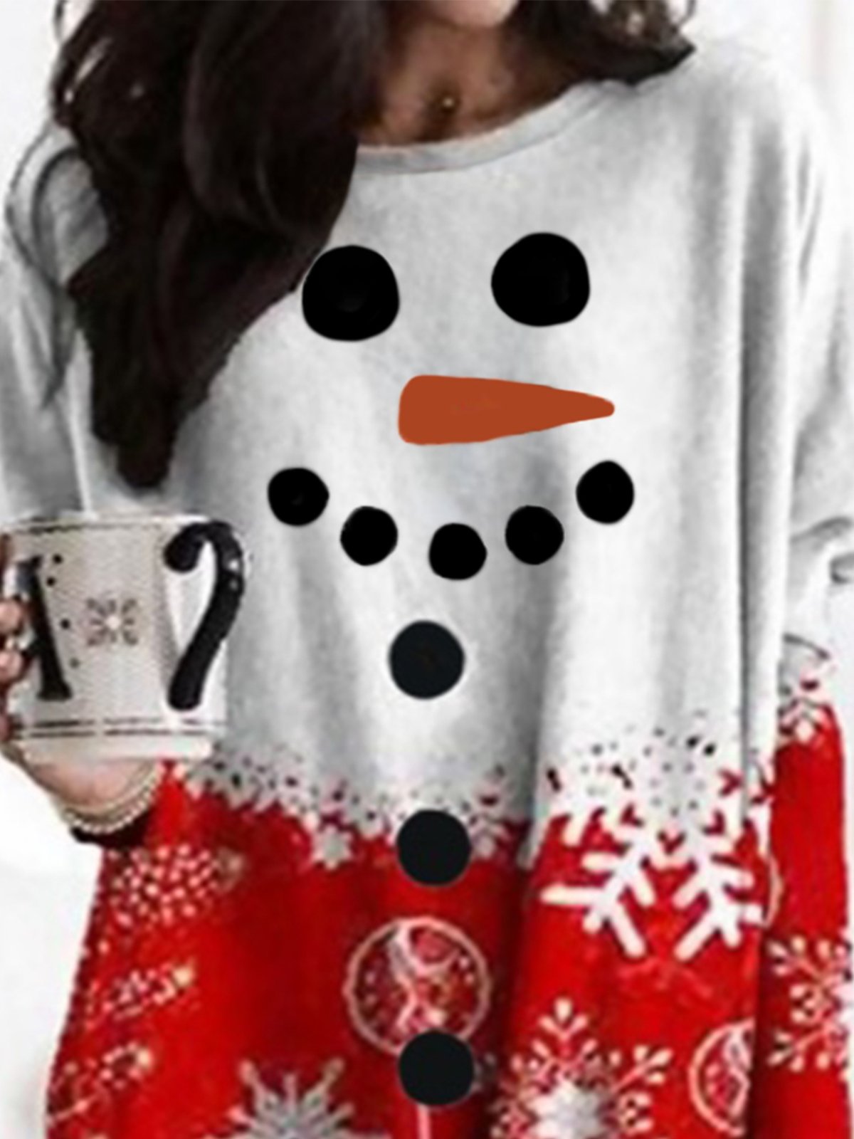 Christmas Snowman Snowflake Long Sleeve Crew Neck Pockets Casual T-shirt