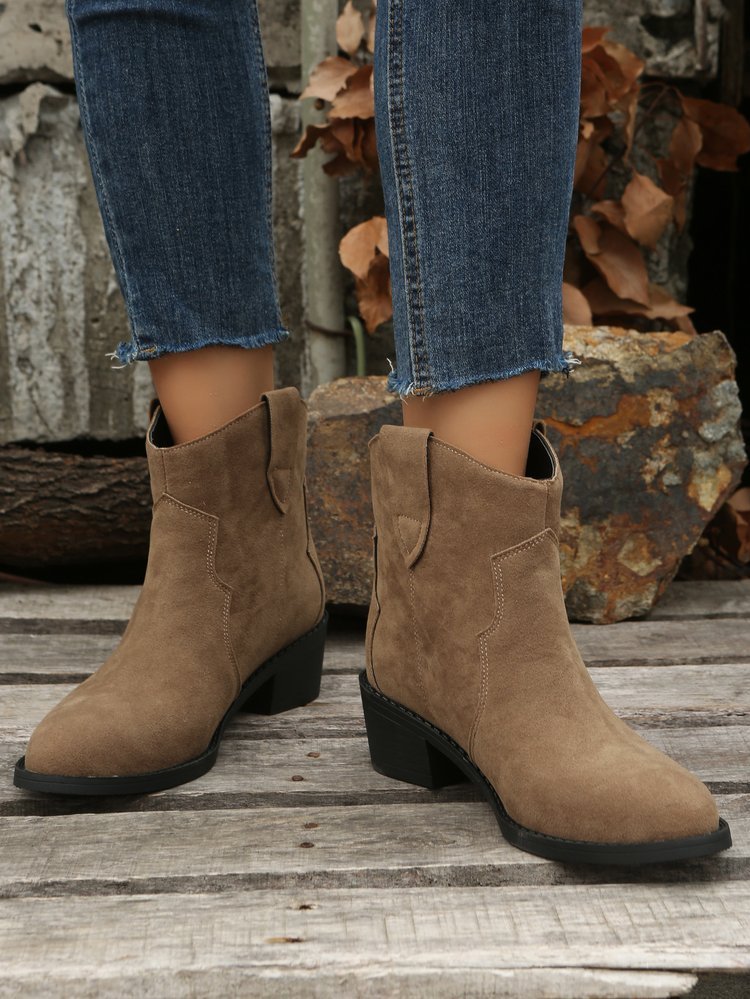 Vintage Ethnic Embossed Pointed Toe Chunky Heel Booties