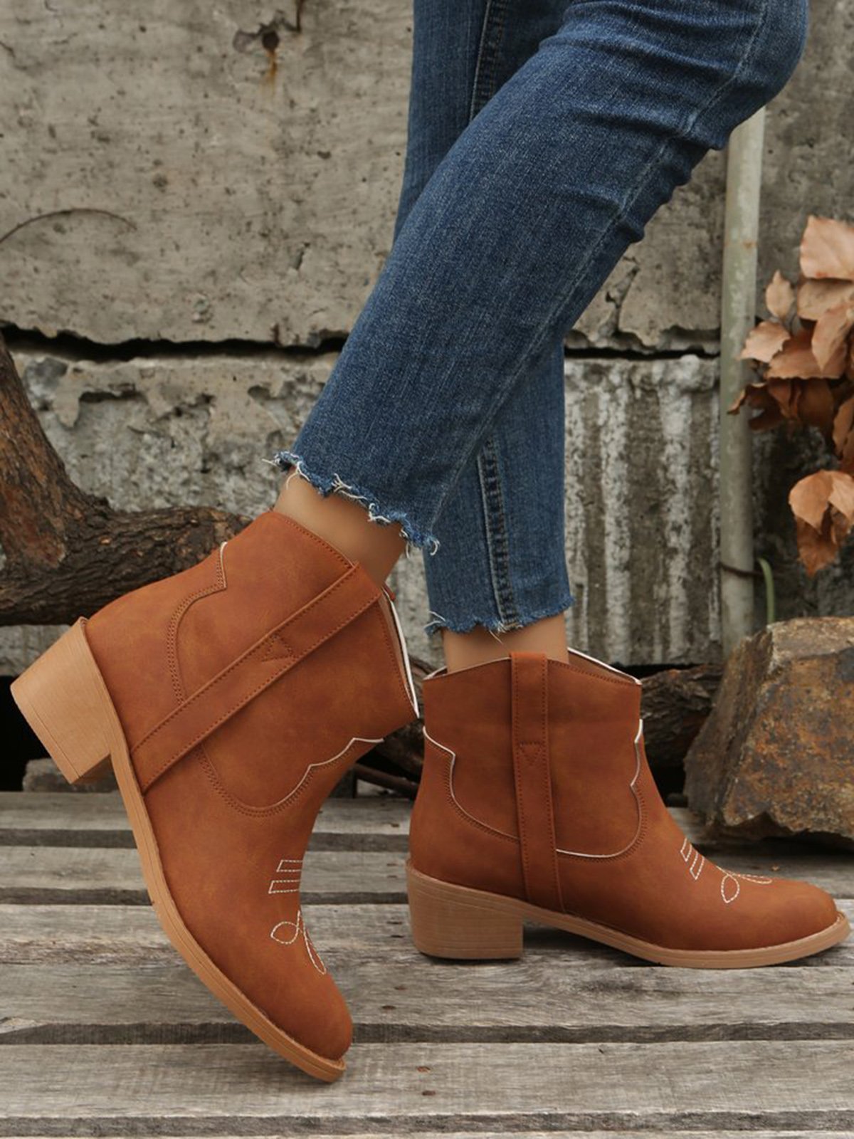 Vintage Ethnic Embossed Pointed Toe Chunky Heel Booties