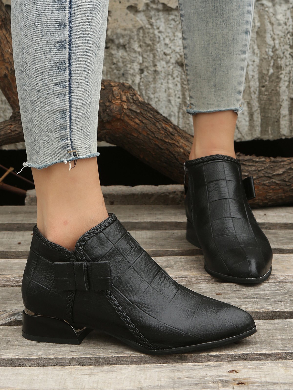 Bow Knot Chunky Heel Pointed Toe Booties
