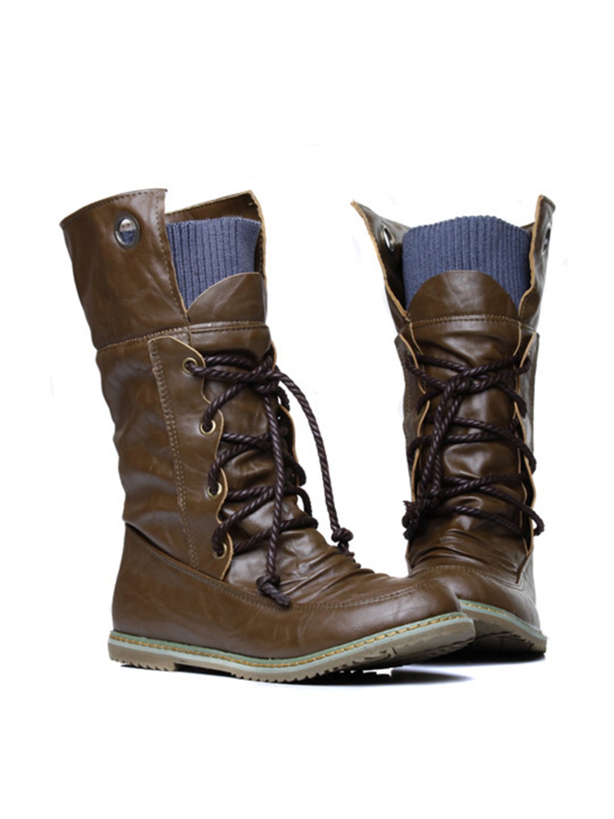 Comfortable Soft Flat Round Toe Vintage Knit Panel Biker Booties