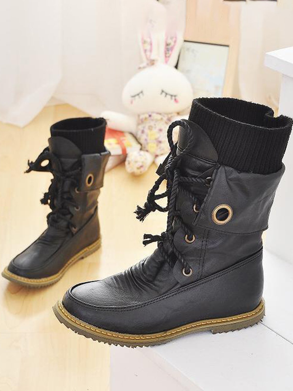 Comfortable Soft Flat Round Toe Vintage Knit Panel Biker Booties