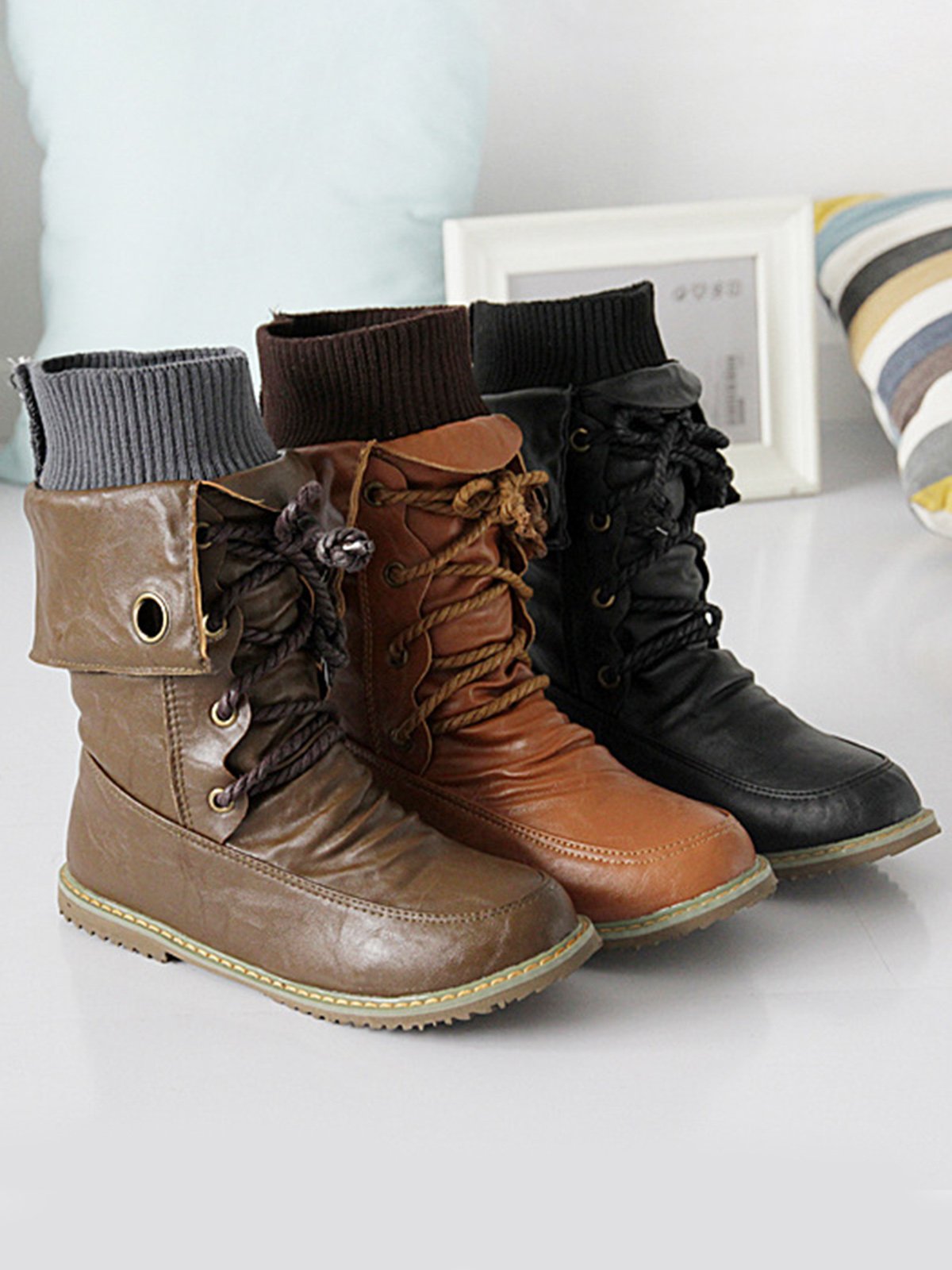 Comfortable Soft Flat Round Toe Vintage Knit Panel Biker Booties