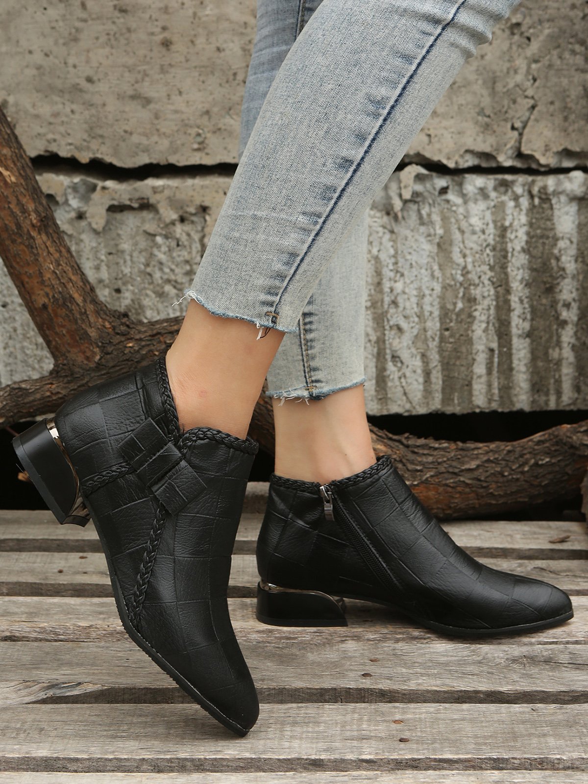 Bow Knot Chunky Heel Pointed Toe Booties