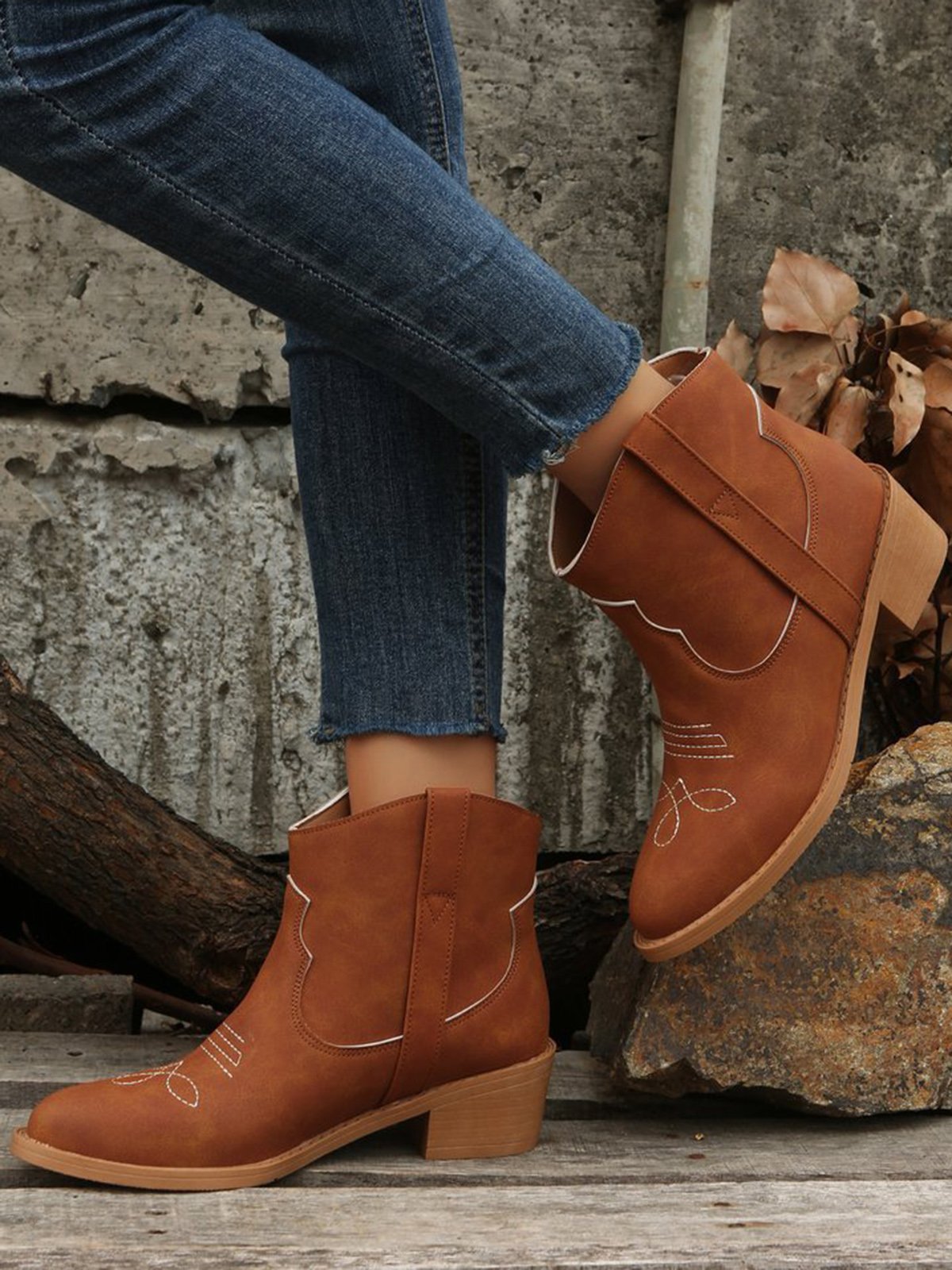 Vintage Ethnic Embossed Pointed Toe Chunky Heel Booties