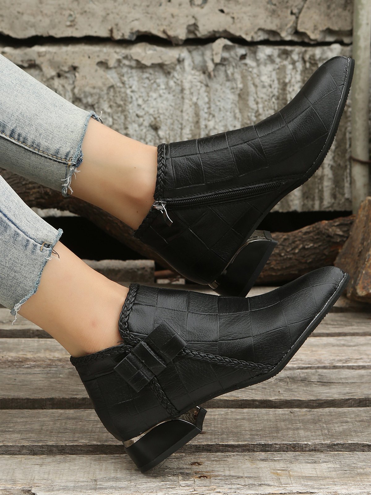 Bow Knot Chunky Heel Pointed Toe Booties