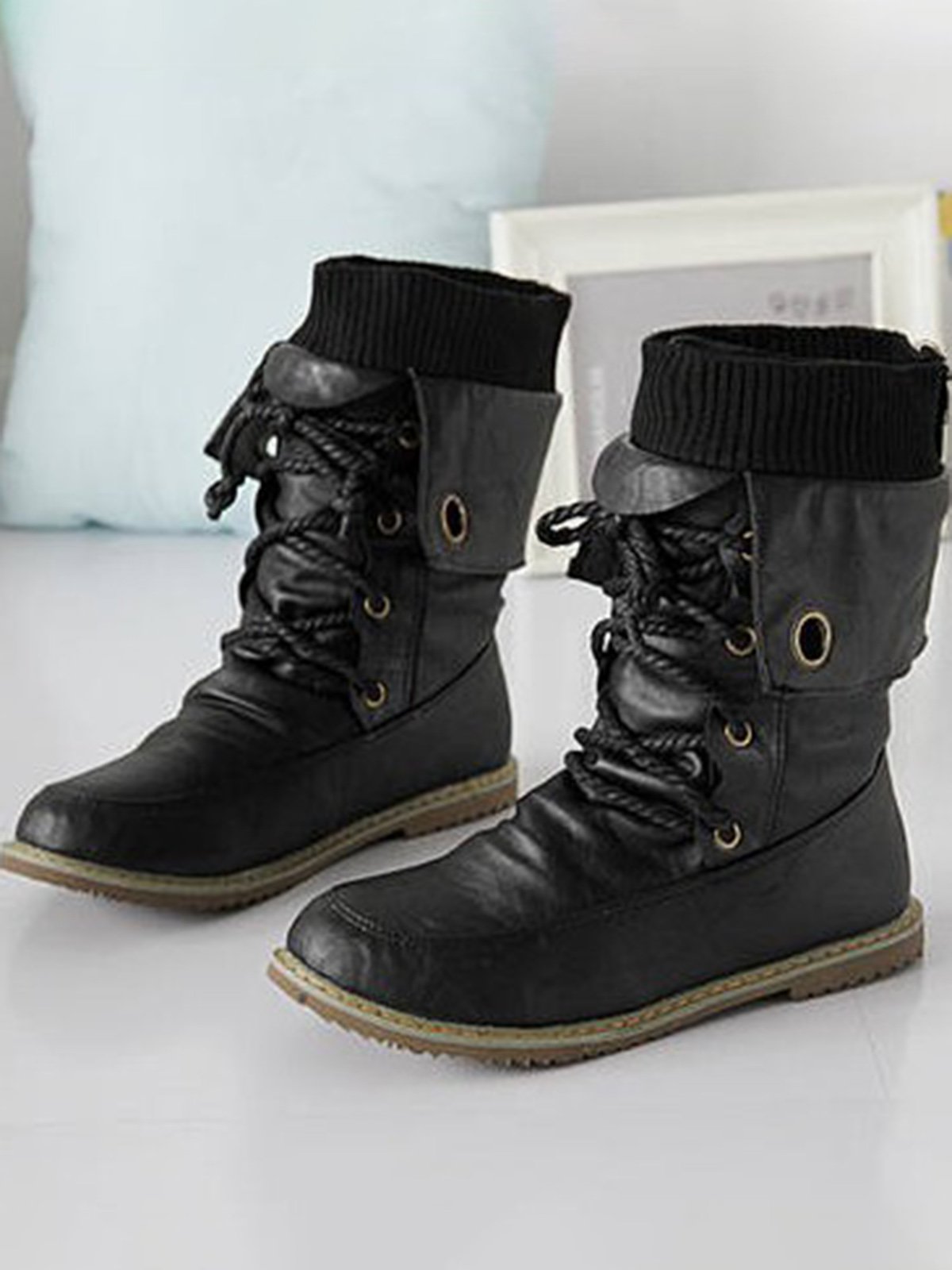 Comfortable Soft Flat Round Toe Vintage Knit Panel Biker Booties