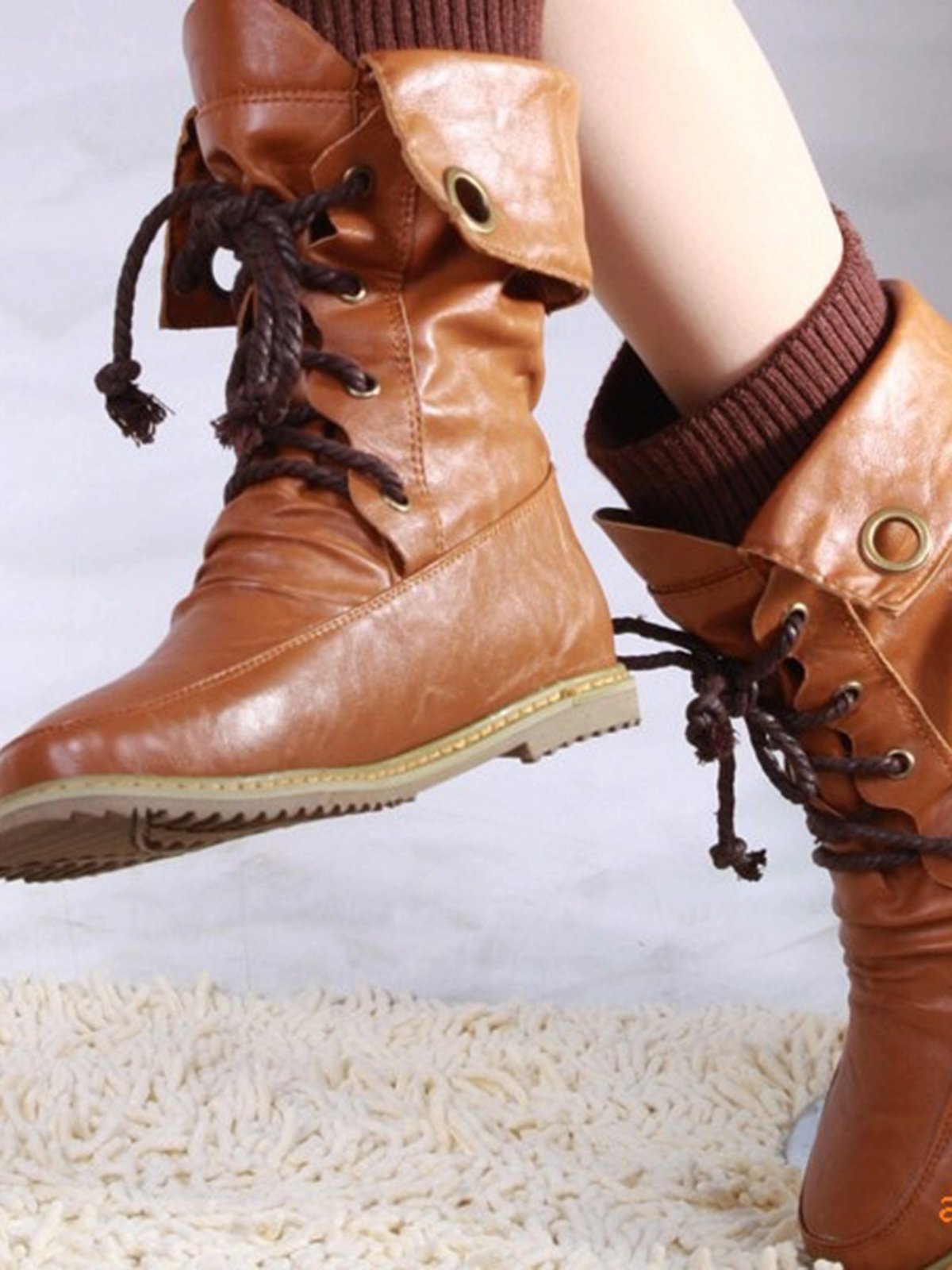 Comfortable Soft Flat Round Toe Vintage Knit Panel Biker Booties