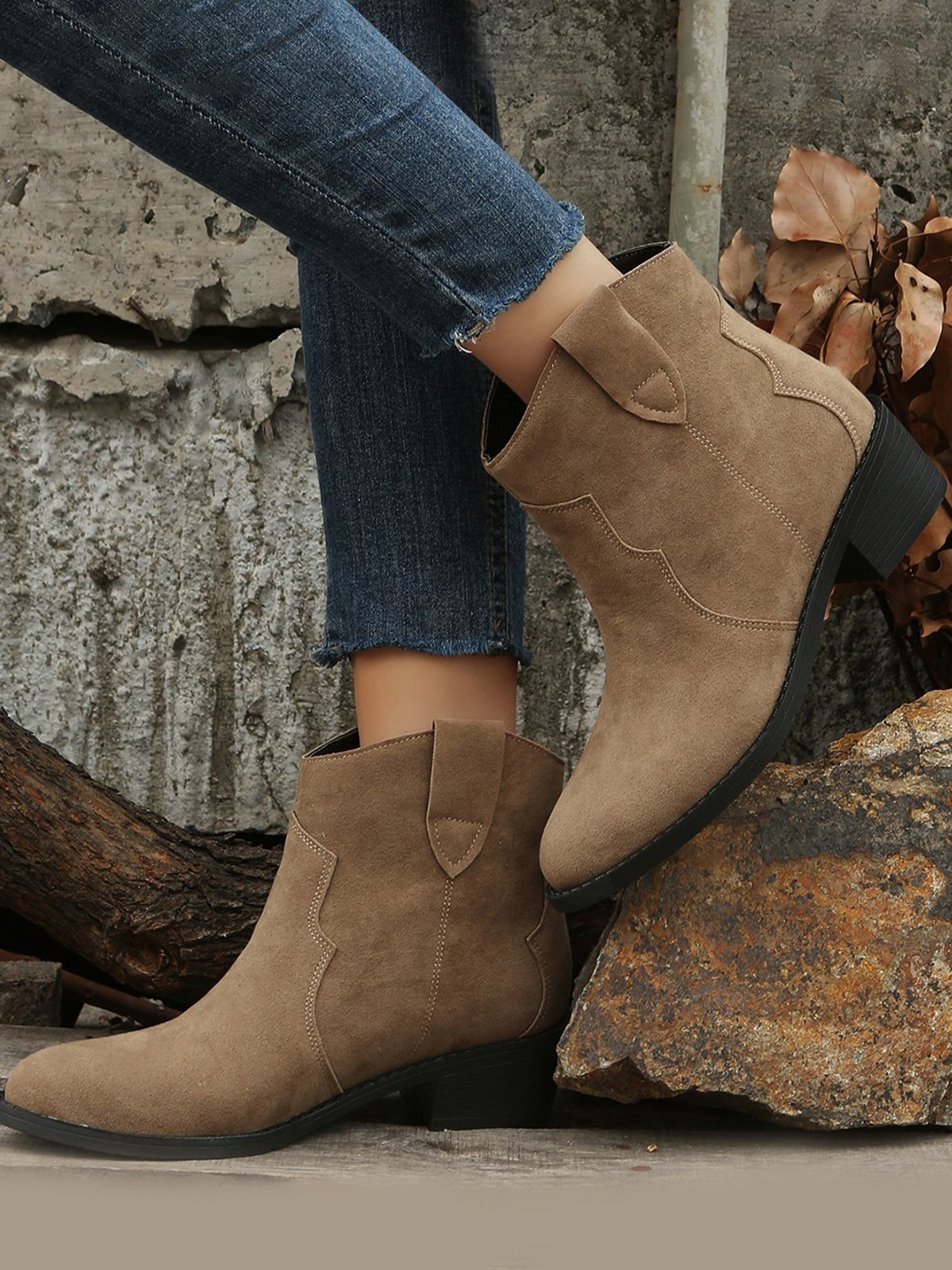 Vintage Ethnic Embossed Pointed Toe Chunky Heel Booties