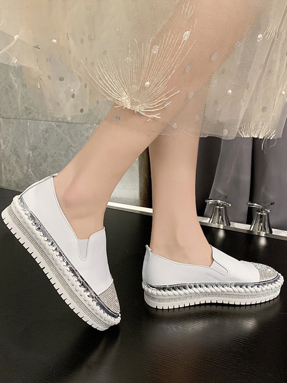 Rhinestone Toe Faux Leather Platform Loafers