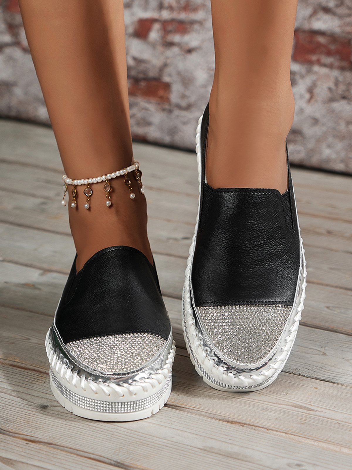 Rhinestone Toe Faux Leather Platform Loafers