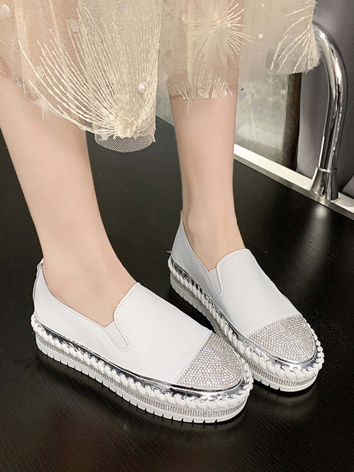 Rhinestone Toe Faux Leather Platform Loafers