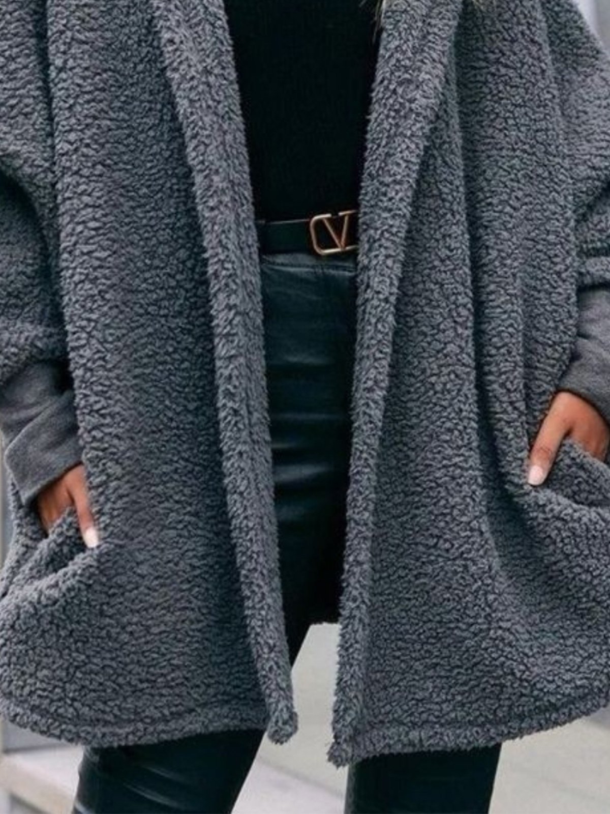 Plain Long Sleeve Hoodie Pockets Casual Plush Coat