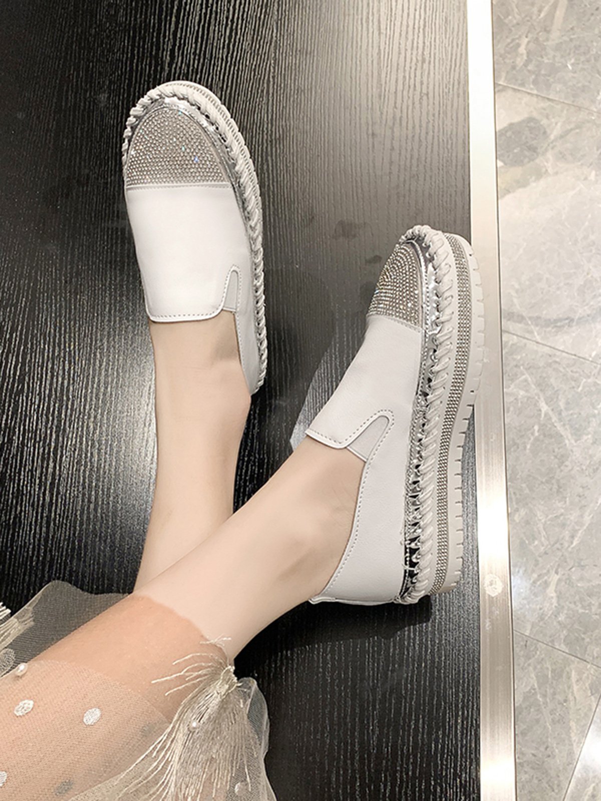Rhinestone Toe Faux Leather Platform Loafers