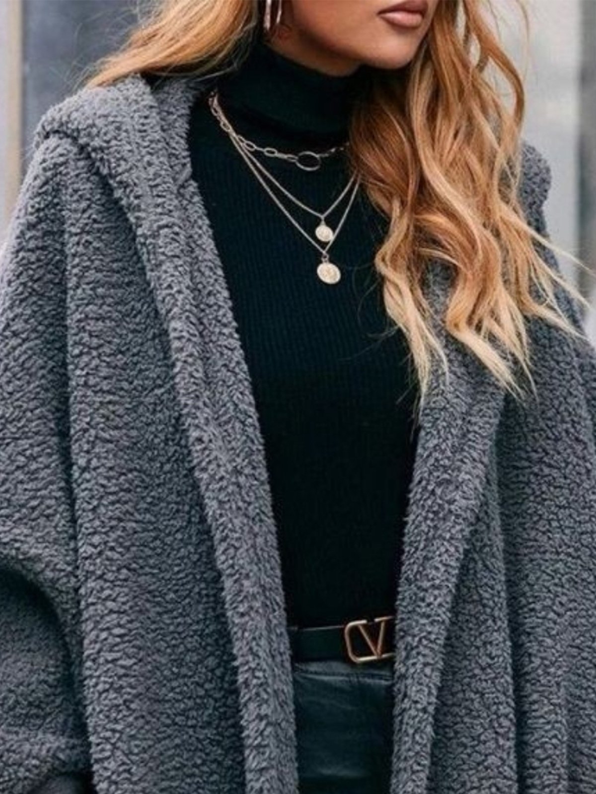 Plain Long Sleeve Hoodie Pockets Casual Plush Coat