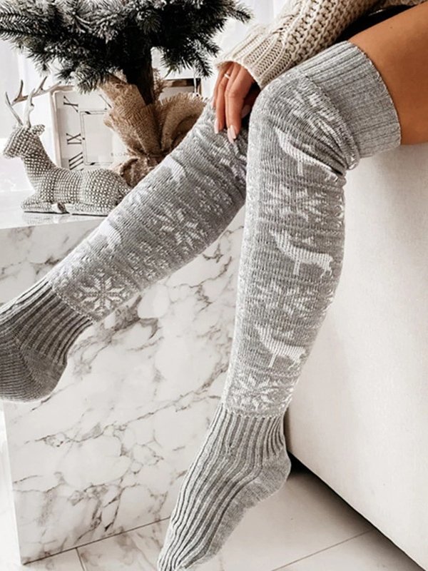 Christmas Elk Snowflake Old Man Pattern Woolen Stockings Over the Knee Socks Holiday Party Socks