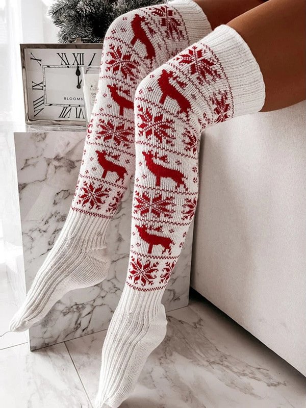 Christmas Elk Snowflake Old Man Pattern Woolen Stockings Over the Knee Socks Holiday Party Socks