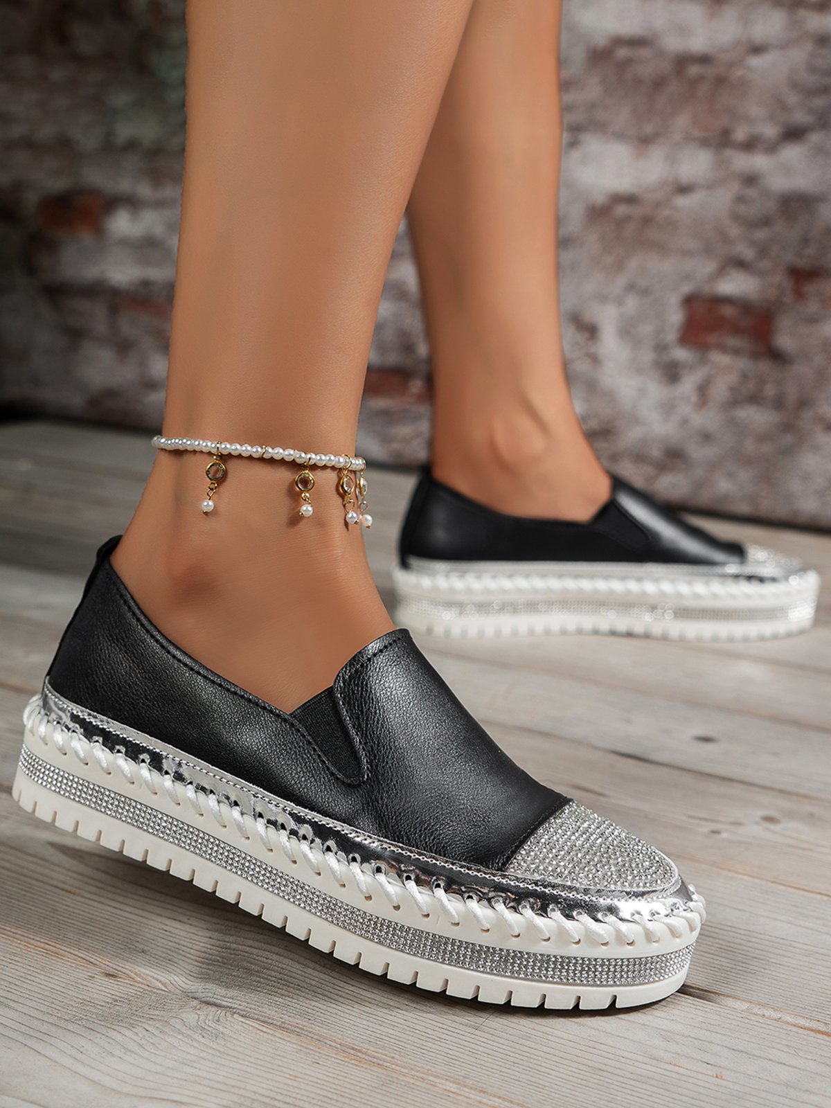 Rhinestone Toe Faux Leather Platform Loafers