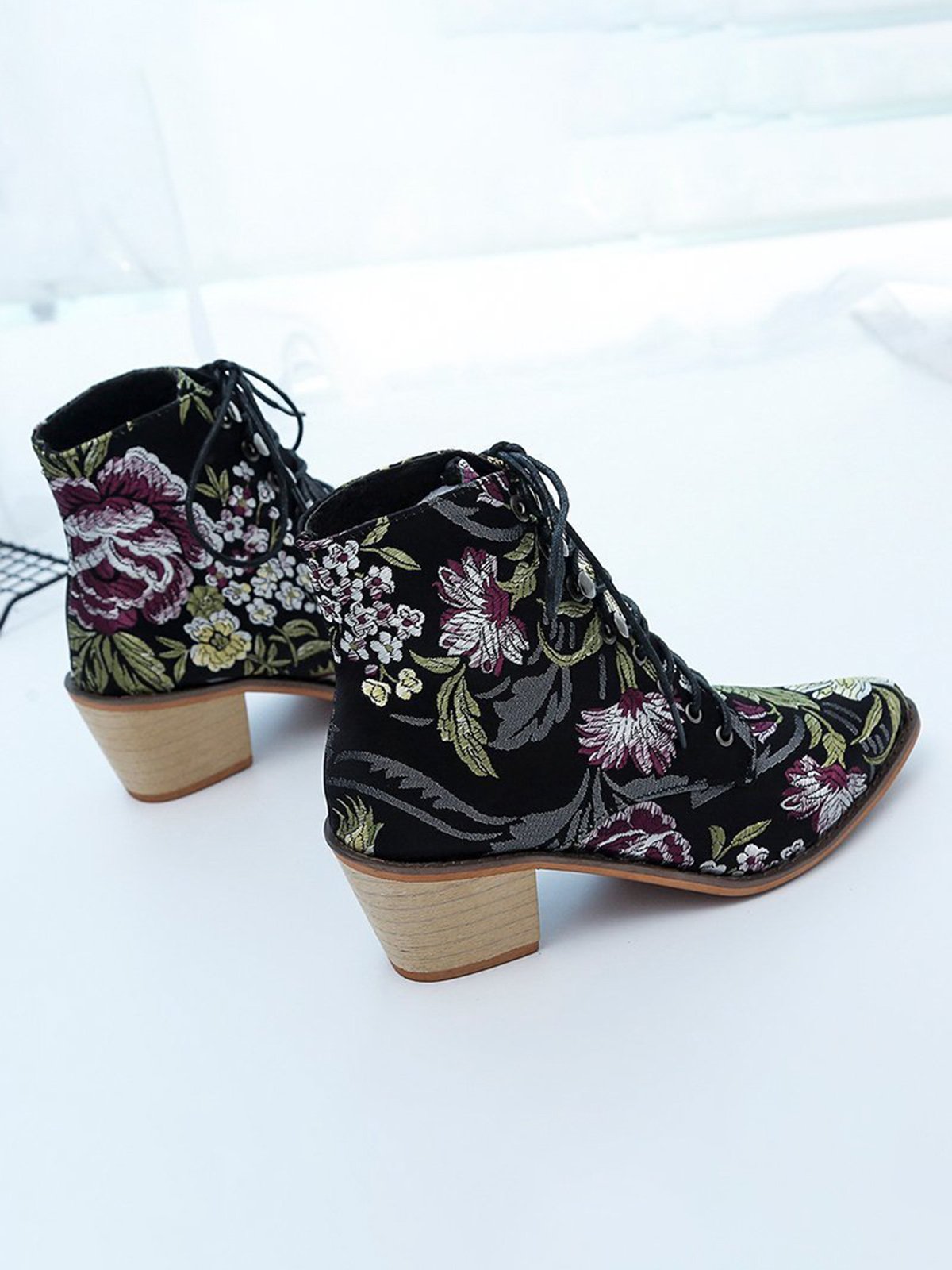 Floral Satin Chunky-Heel Pointed-Toe Booties