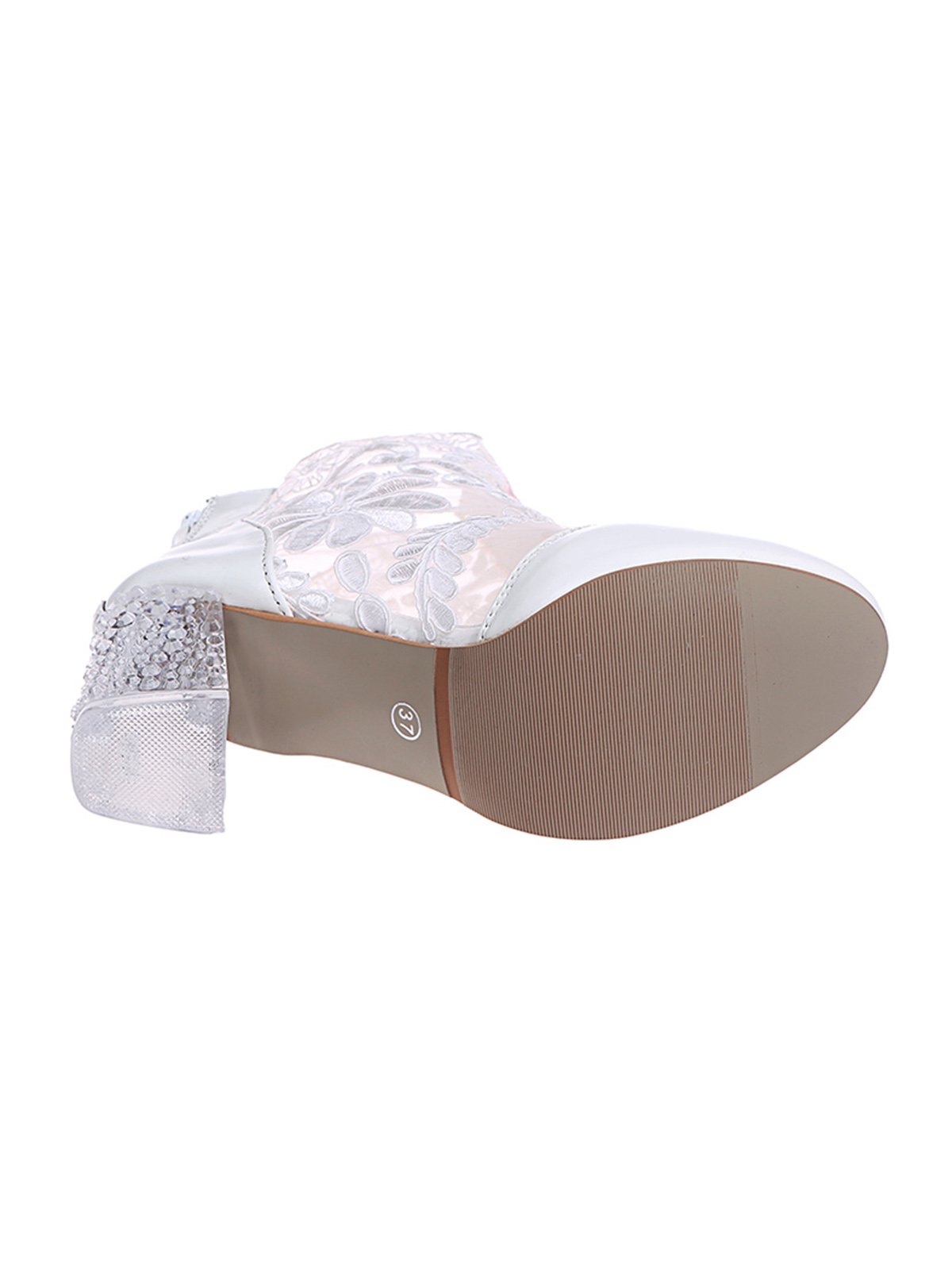 Lace Rhinestone Mesh Panel Crystal Chunky Heel Wedding Booties