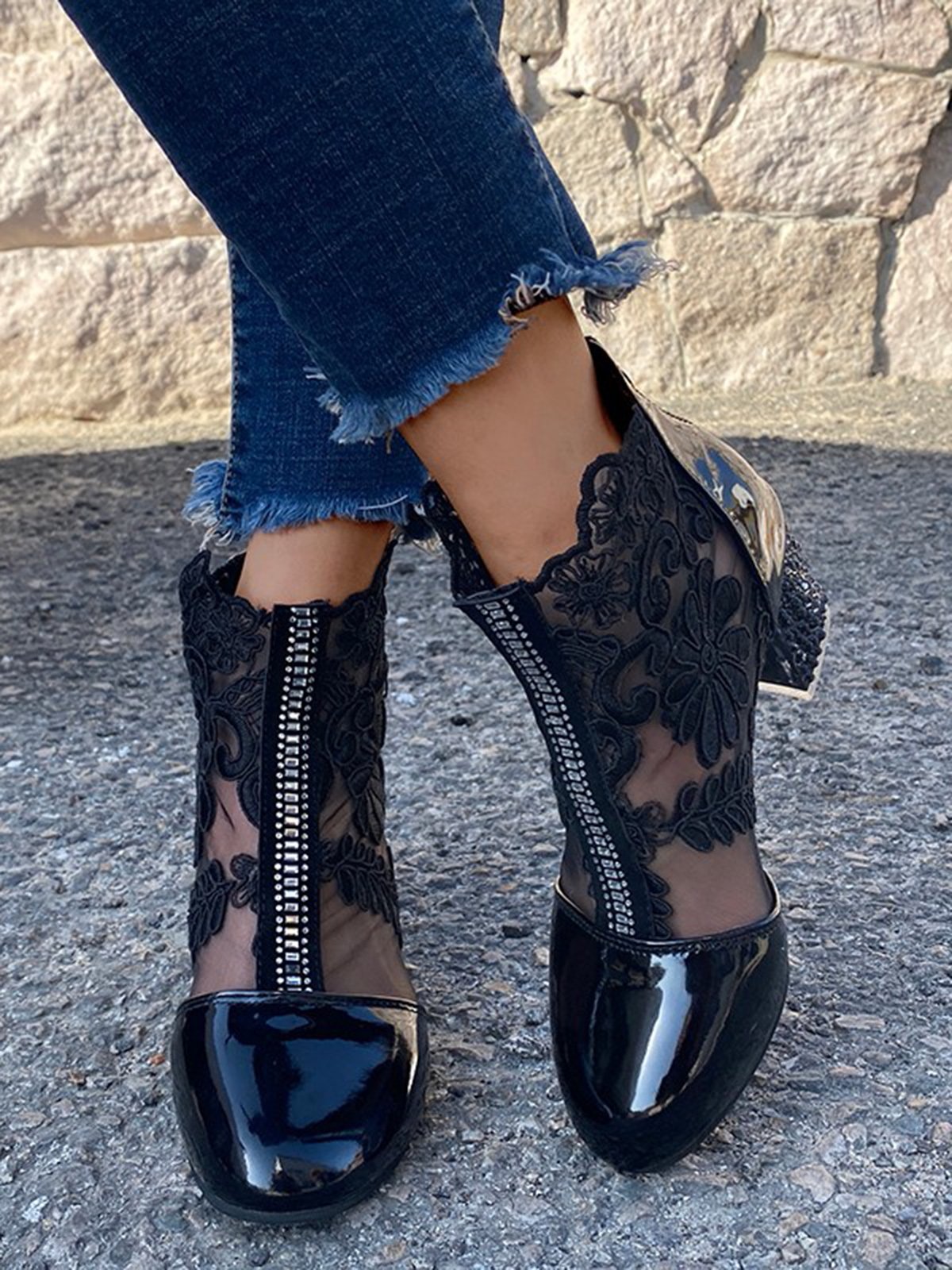Lace Rhinestone Mesh Panel Crystal Chunky Heel Wedding Booties